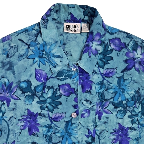 Vintage Chico's Design 100% Silk Blue Purple Floral Button-Up Shirt Beachy - Picture 4 of 7